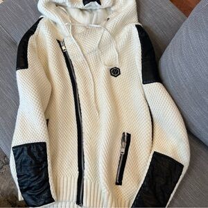 LCR Menswear Collection Chunky Knit Toggle White Black Zip Cardigan Sweater XXL